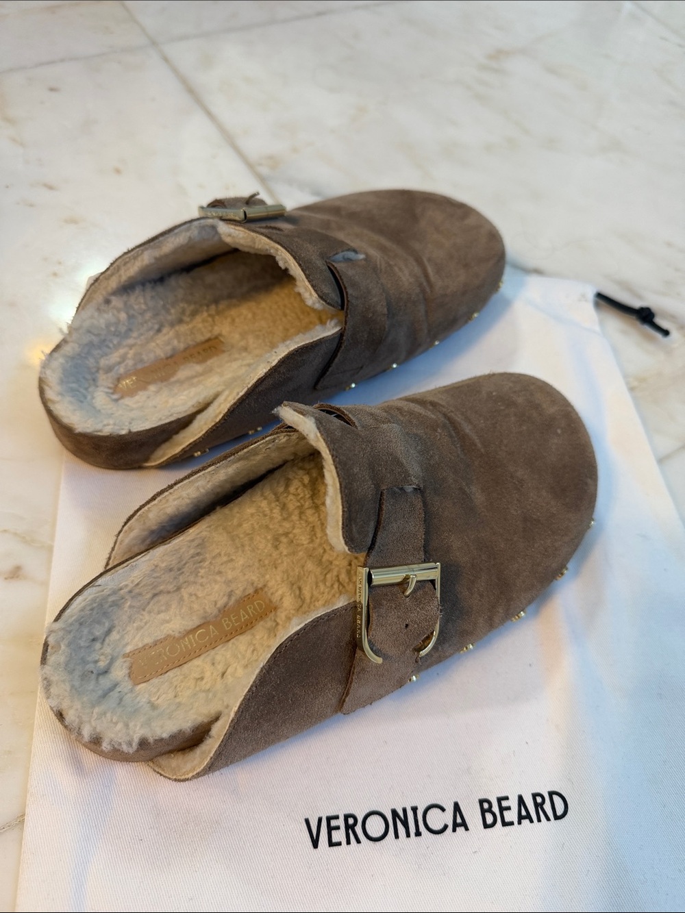 Veronica Beard Brown Suede Shearling Clog with Buckle